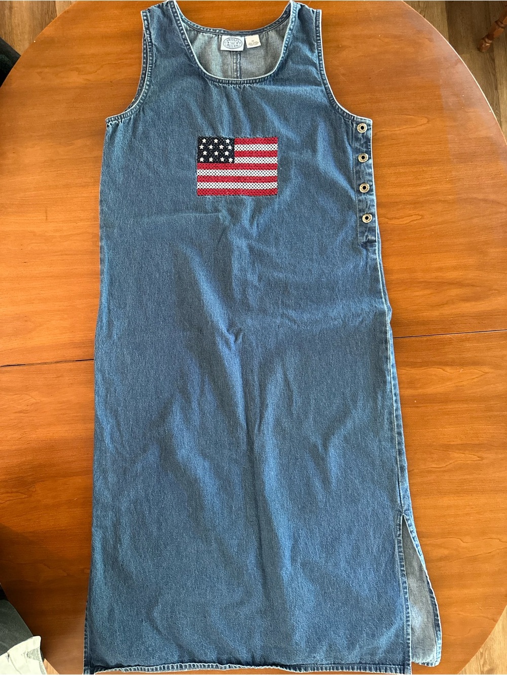 Vintage Carolina Blues Denim Jumper Dress Americana Flag Embroidered Midi/Maxi